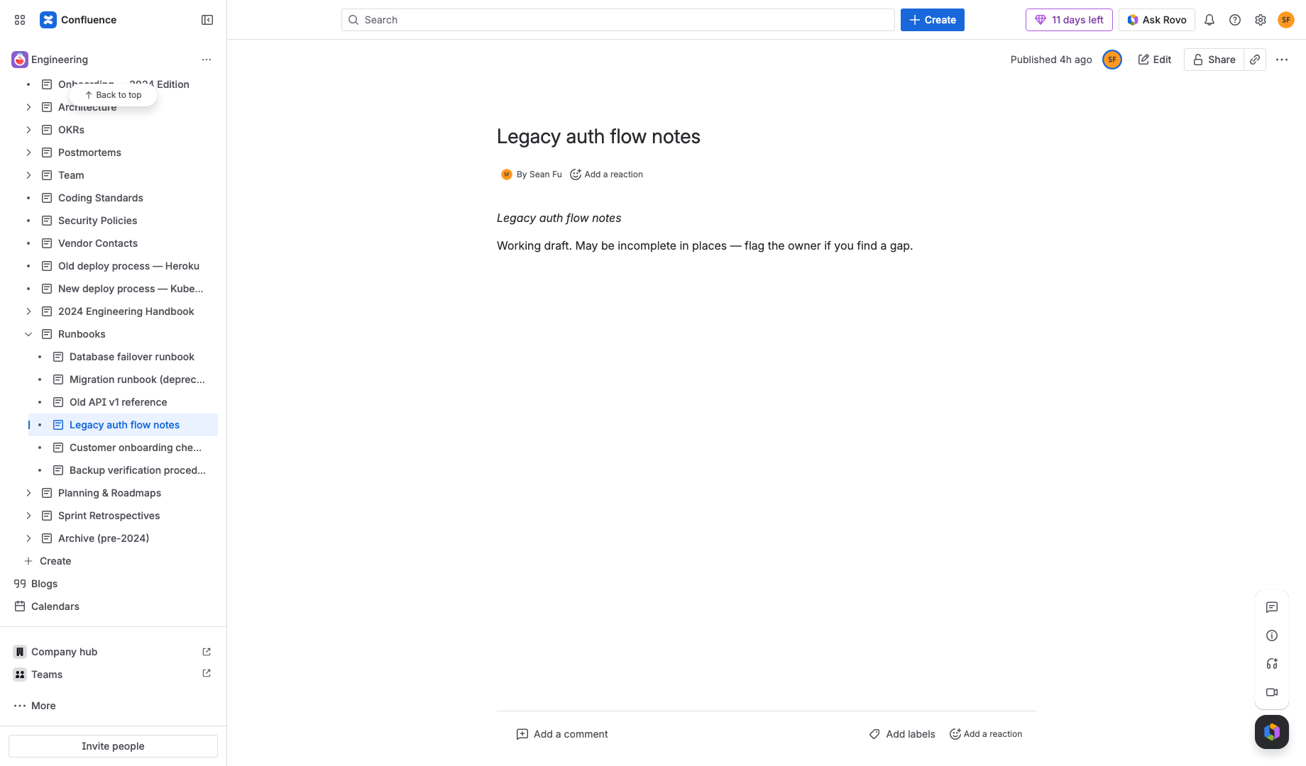 A Confluence page with a single PageKeeper footer-comment notifying the owner